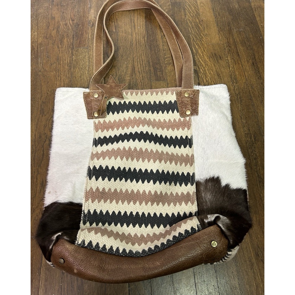 Myra Bag tote upcycled woven canvas cowhide leather Calf Hair Boho Western